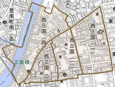西三国とその周辺の地図。町の範囲を重ねている