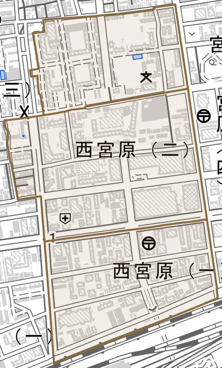 西宮原とその周辺の地図。町の範囲を重ねている