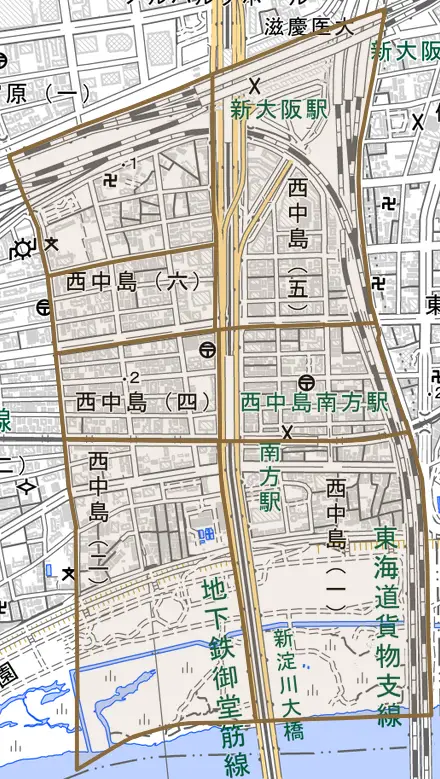 西中島とその周辺の地図。町の範囲を重ねている