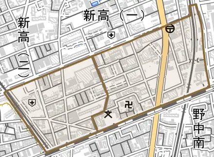 野中北とその周辺の地図。町の範囲を重ねている