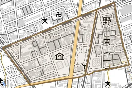 野中南とその周辺の地図。町の範囲を重ねている