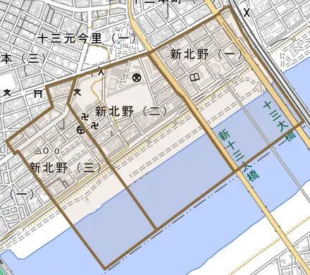 新北野とその周辺の地図。町の範囲を重ねている
