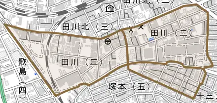 田川とその周辺の地図。町の範囲を重ねている