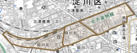 田川北とその周辺の地図。町の範囲を重ねている