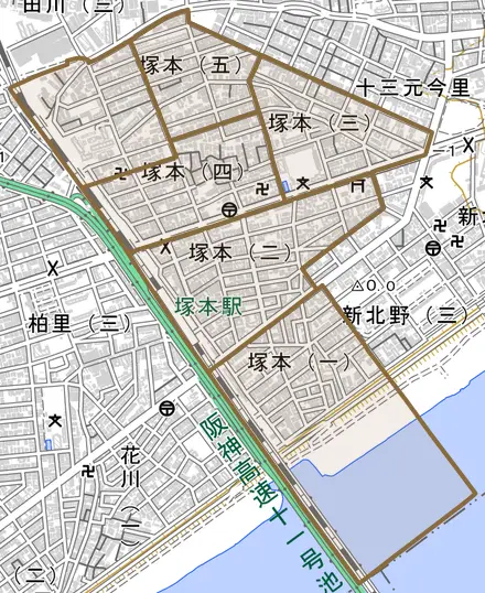 塚本とその周辺の地図。町の範囲を重ねている