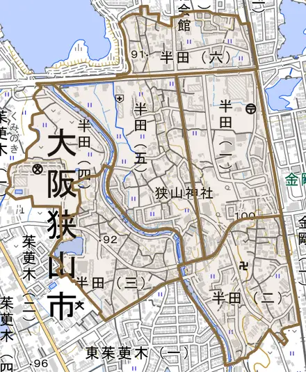 半田とその周辺の地図。町の範囲を重ねている