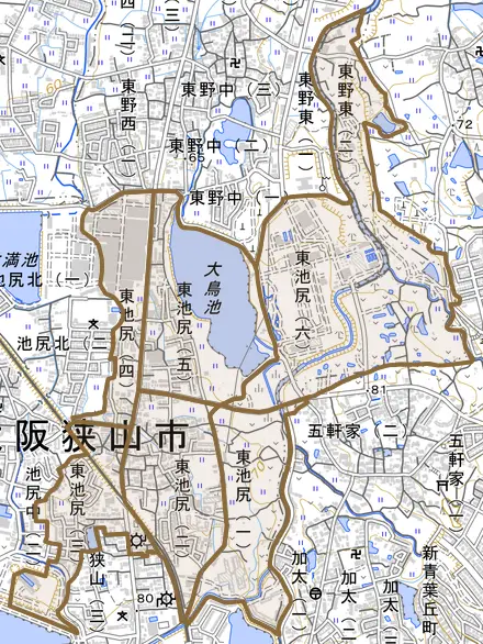 東池尻とその周辺の地図。町の範囲を重ねている