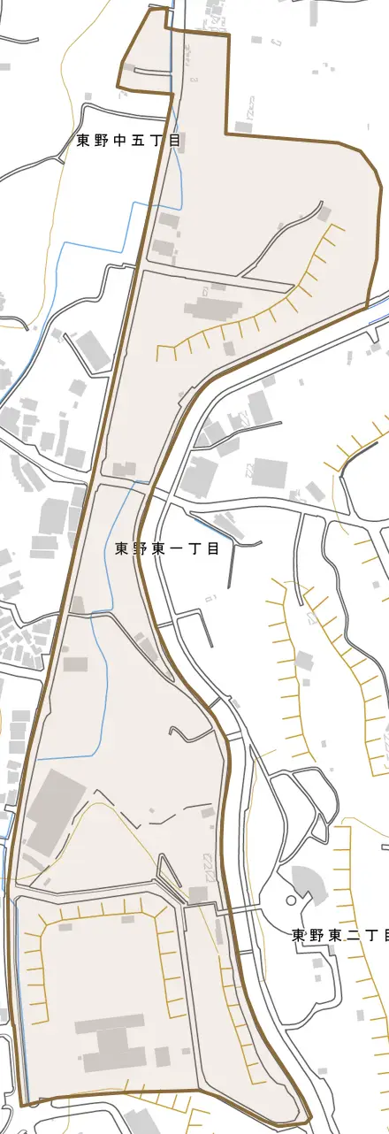 東野東とその周辺の地図。町の範囲を重ねている
