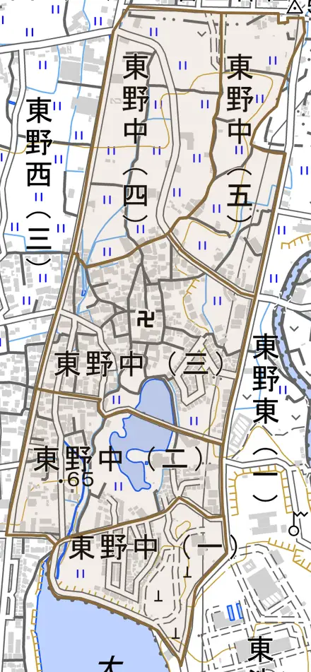 東野中とその周辺の地図。町の範囲を重ねている