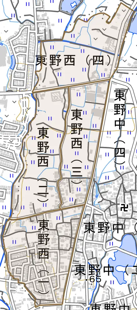 東野西とその周辺の地図。町の範囲を重ねている
