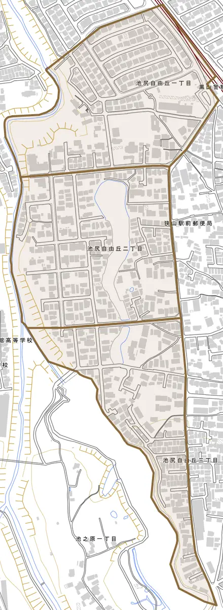 池尻自由丘とその周辺の地図。町の範囲を重ねている