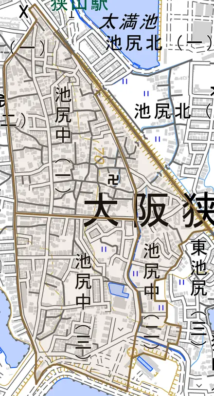 池尻中とその周辺の地図。町の範囲を重ねている