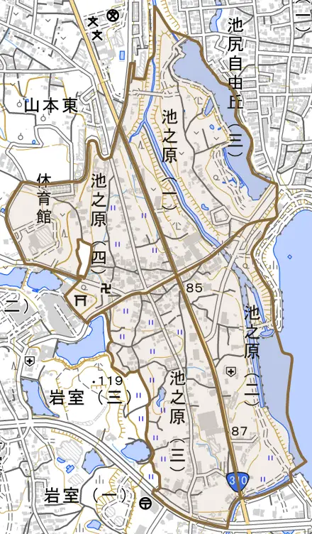 池之原とその周辺の地図。町の範囲を重ねている