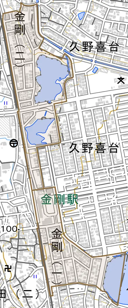 金剛とその周辺の地図。町の範囲を重ねている