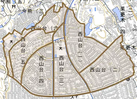 西山台とその周辺の地図。町の範囲を重ねている