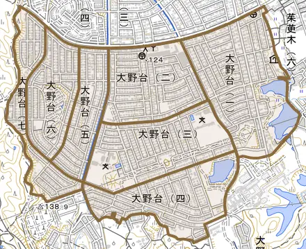 大野台とその周辺の地図。町の範囲を重ねている