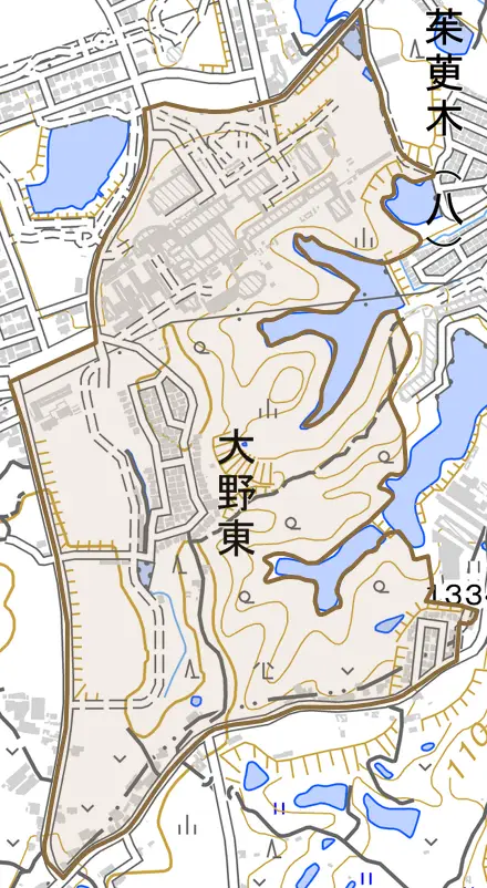 大野東とその周辺の地図。町の範囲を重ねている