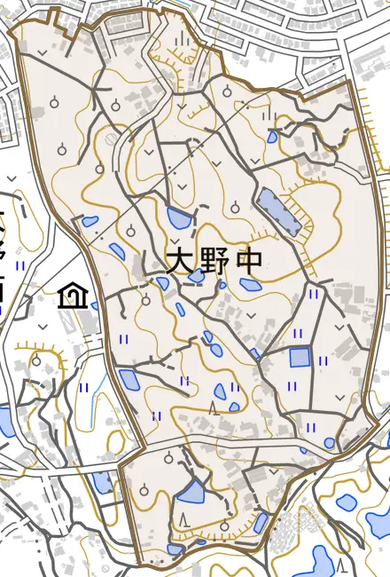 大野中とその周辺の地図。町の範囲を重ねている