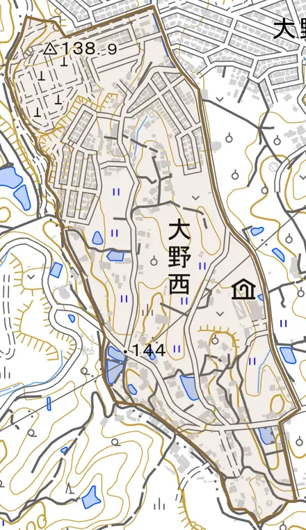 大野西とその周辺の地図。町の範囲を重ねている