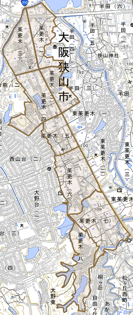茱萸木とその周辺の地図。町の範囲を重ねている