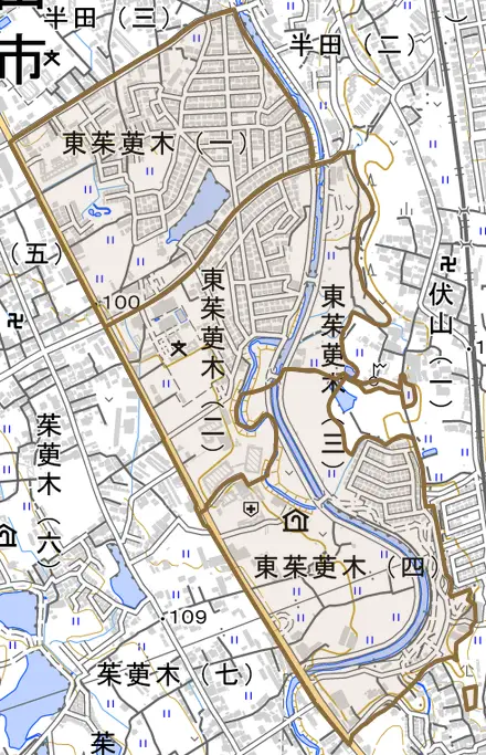 東茱萸木とその周辺の地図。町の範囲を重ねている