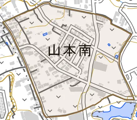山本南とその周辺の地図。町の範囲を重ねている