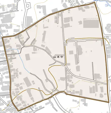 山本中とその周辺の地図。町の範囲を重ねている