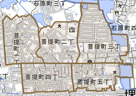 菩提町とその周辺の地図。町の範囲を重ねている