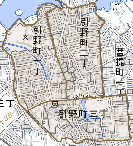 引野町とその周辺の地図。町の範囲を重ねている