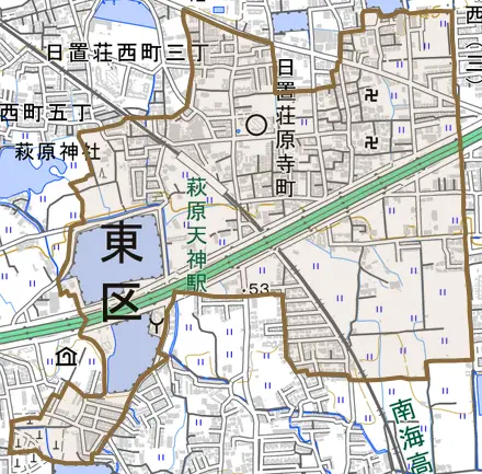 日置荘原寺町とその周辺の地図。町の範囲を重ねている