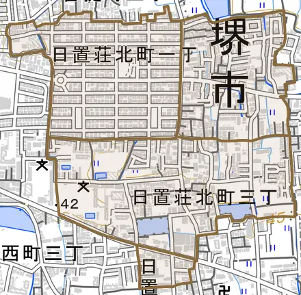 日置荘北町とその周辺の地図。町の範囲を重ねている