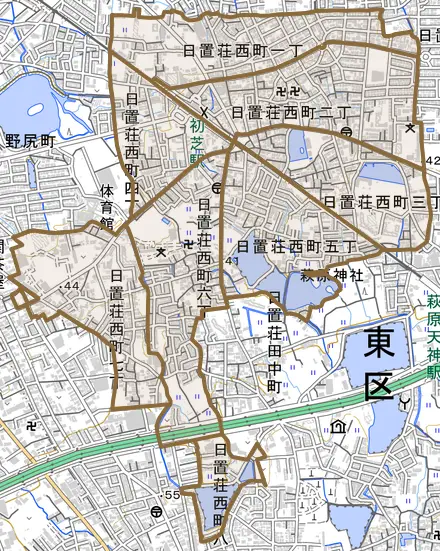 日置荘西町とその周辺の地図。町の範囲を重ねている