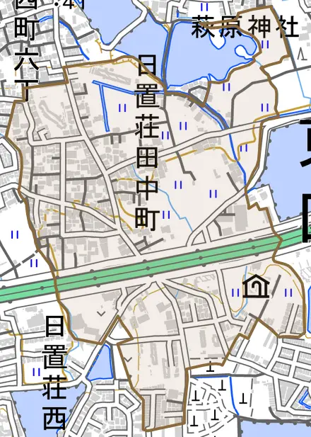 日置荘田中町とその周辺の地図。町の範囲を重ねている