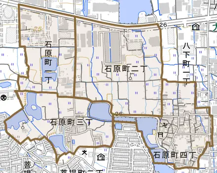 石原町とその周辺の地図。町の範囲を重ねている
