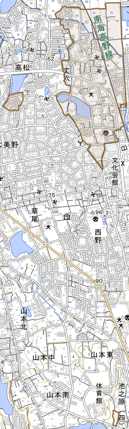 丈六とその周辺の地図。町の範囲を重ねている