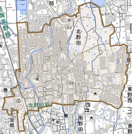 北野田とその周辺の地図。町の範囲を重ねている