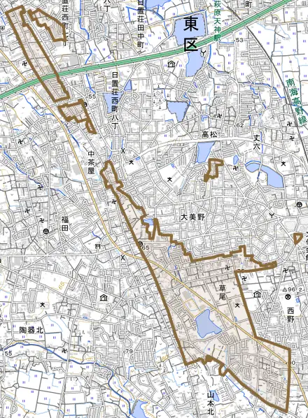 草尾とその周辺の地図。町の範囲を重ねている