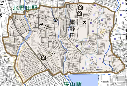 南野田とその周辺の地図。町の範囲を重ねている