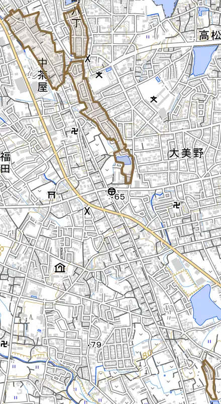 中茶屋とその周辺の地図。町の範囲を重ねている