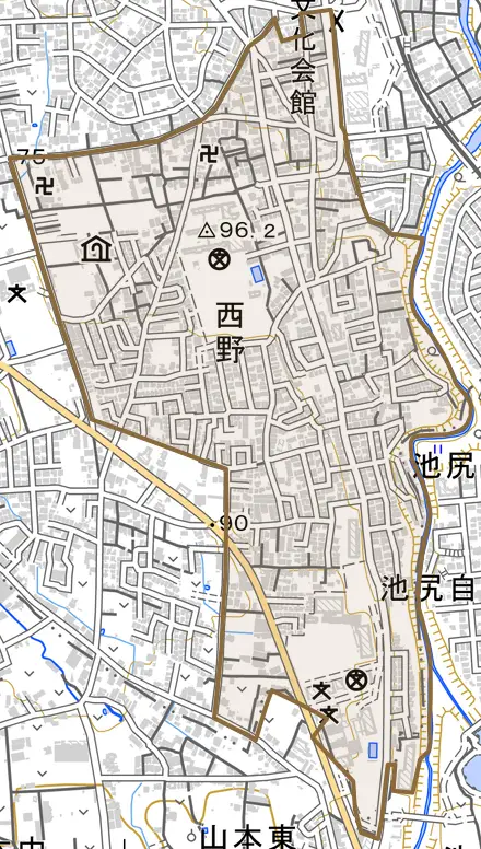西野とその周辺の地図。町の範囲を重ねている