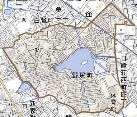 野尻町とその周辺の地図。町の範囲を重ねている