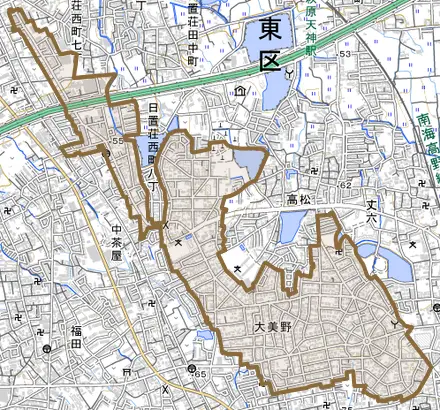 大美野とその周辺の地図。町の範囲を重ねている