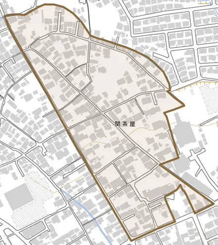 関茶屋とその周辺の地図。町の範囲を重ねている