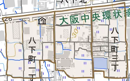 八下町とその周辺の地図。町の範囲を重ねている