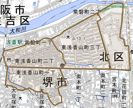 東浅香山町とその周辺の地図。町の範囲を重ねている