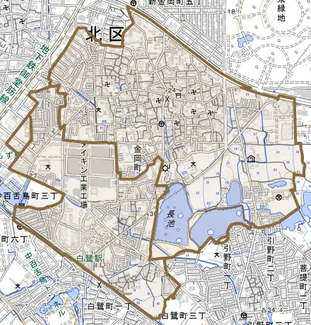 金岡町とその周辺の地図。町の範囲を重ねている