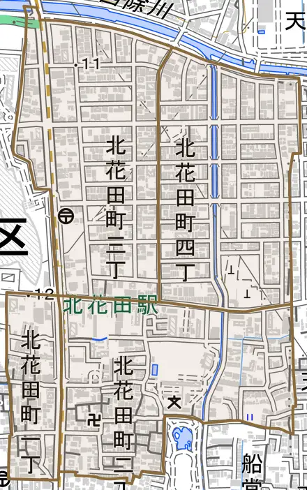 北花田町とその周辺の地図。町の範囲を重ねている