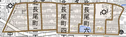 北長尾町とその周辺の地図。町の範囲を重ねている