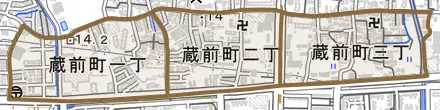 蔵前町とその周辺の地図。町の範囲を重ねている