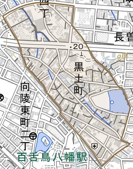 黒土町とその周辺の地図。町の範囲を重ねている